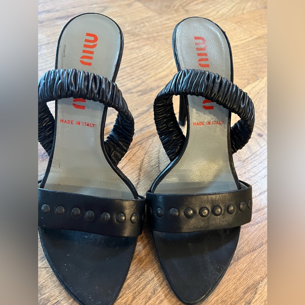 Miu Miu Italian Leather Womens 37 Italian Black Leather with Studs Summer Heels